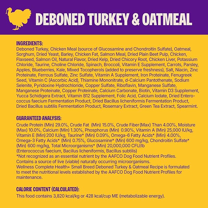 Wellness Complete Health+ Small Breed Adult Dry Dog Food with Freeze Dried Wellbites, Wholesome Grain Kibble+, Natural, Turkey and Oatmeal Recipe, 10.5 lb Bag