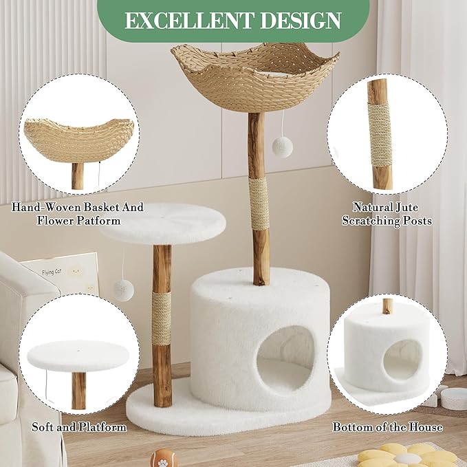 GarveeHome Real Wood Cat Tree, Modern Cat TreeReal Wood Modern Cat Tree Tower, Cat Scratching Post with Bed for Indoor Cats with Natural Wicker Condo, Aesthetic Tree Stand, Luxury Pet Furniture