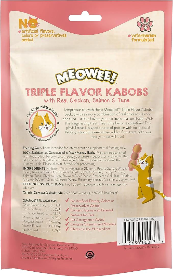 MEOWEE! Triple Flavor Kabobs Cat Treat, 2.4 Ounce Bag, Long-Lasting Playtime Treat for Cats Made with Real Chicken, Salmon & Tuna