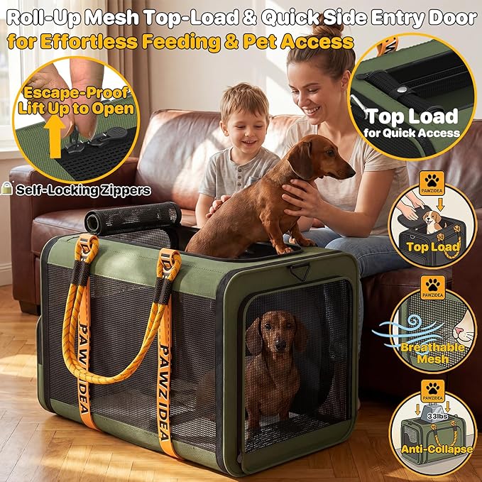 PAWZIDEA Expandable Large Pet Carrier with Wheels, 24x16x16 in Rolling Cat Carrier for 2–4 Cats up 55lb, Soft-Sided Collapsible Small Medium Dog Crate for Car Travel, Telescopic Handle, Storage Pocket