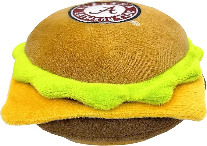 NCAA Alabama Crimson Tide Cheeseburger Plush Dog & CAT Squeak Toy- Cutest Stadium Hamburger Snack Plush Toy for Dogs & Cats with Inner Squeaker & Beautiful Football/Basketball Team Name/Logo