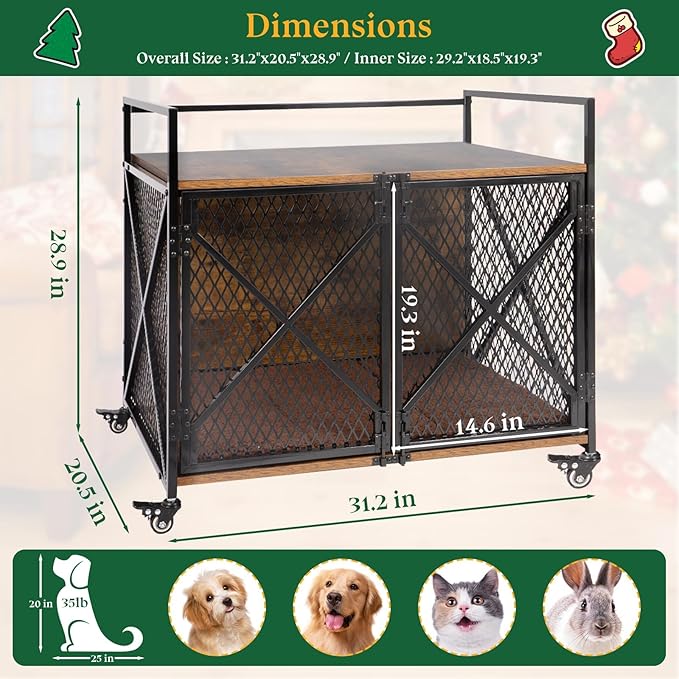 31" Dog Crate Indoor Furniture-Style for Medium & Small Dogs, Heavy Duty Wooden Indoor Dog Cage with 4 Lockable Wheels & Cushion for Living Room, Bedroom, House, Rustic Brown