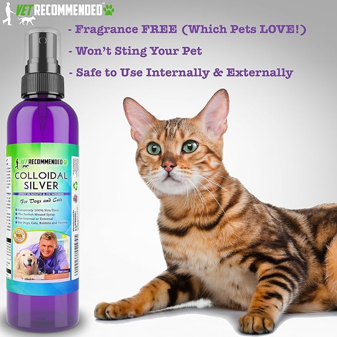 Vet Recommended Colloidal Silver for Dogs and Cats, Colloidal Silver Spray that Works as Natural Hot Spot Solution for Dogs - Made in USA (8oz/240ml)