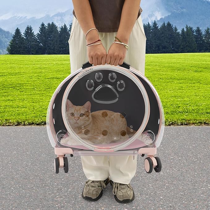 4-Wheel Rolling Cat Carrier, Hard Shell Pet Carrier with Ventilation Holes, Adjustable Handle Cat Travel Carrier, Lightweight Pet Stroller for Airplane, Car, Fits Pets up to 19.8lbs (Pink)