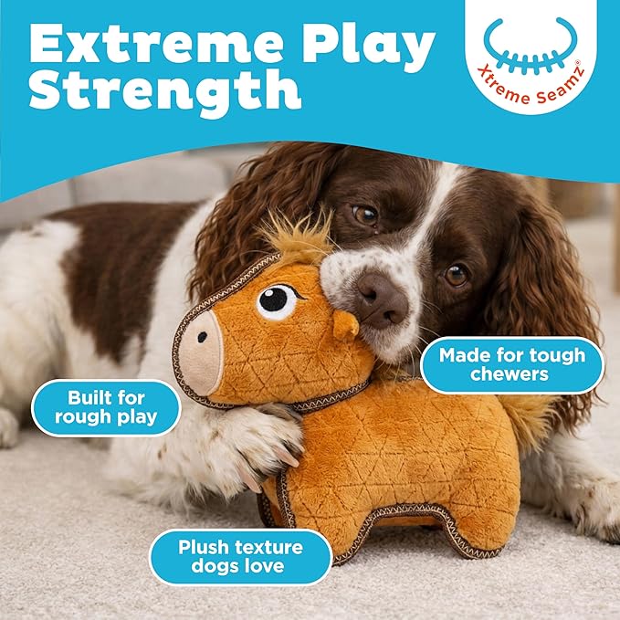 Outward Hound Xtreme Seamz Dog Toy, Reinforced Seams & Multiple Stitching, Durable Plush with Squeakers, Highland Cow, 9.8”
