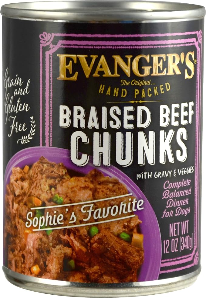 Evanger's Heritage Classics Hand Packed Braised Beef Chunks Dog Food – 12 Count, 12 oz Each – Hand-Packed Tender Beef Chunks with Gravy & Vegetables – Grain & Gluten Free Wet Dog Food