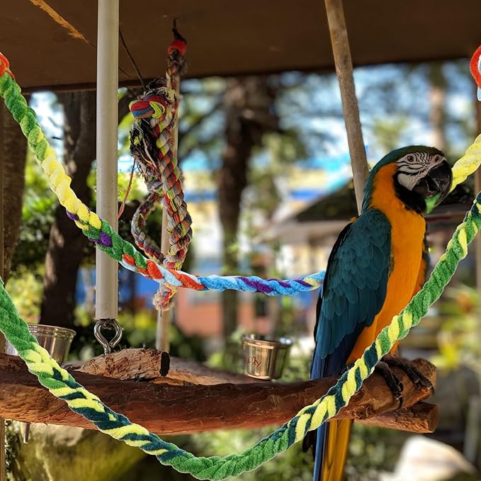 Mipcase 4pcs Hamster Suspension Bridge and Parrot Stand Rod Set with Cotton Climbing Rope and Swing Hammock, Colorful Bird Cage Accessories for Small Birds and Pets Random Color