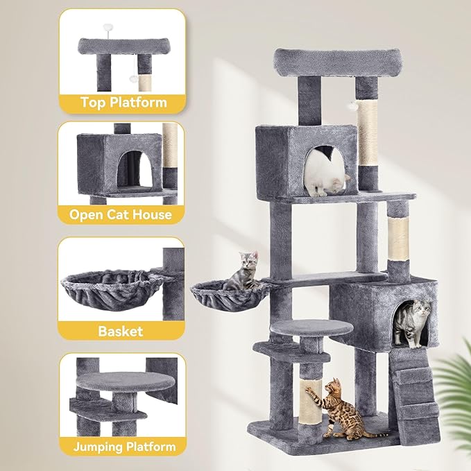 DWVO Light Gray Cat Tree Tower 70.8in for Indoor Cats: Multi-Tiered Feline Furnishing with Snug Cat Bed, Scratch Poles, Feline Window Cushioned Plush Roost for Young Cats Animal Activity Center