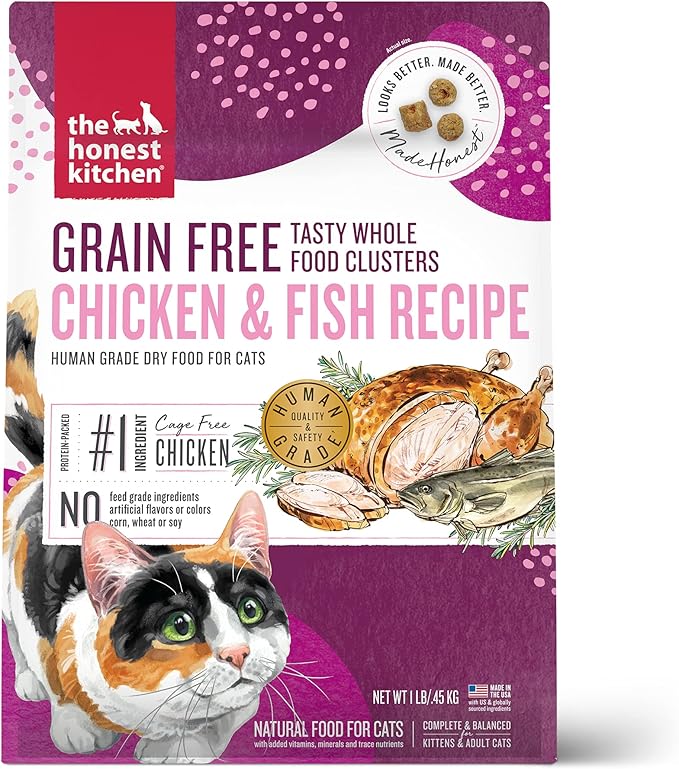 The Honest Kitchen Human Grade Dry Cat Food, Whole Food Clusters Grain Free Dry Cat Food, Chicken & Fish, 1 lb Trial Pouch