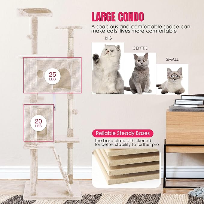 24/7 Shop at Home Court 70 inch Multi-Level Cute Cat Tree Tower with Dangling Ball and Scratching Posts for Indoor Cats Adults, Kitten Supplies, Pet House, Beige
