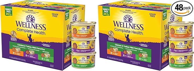 Wellness Complete Health Pate Adult Wet Cat Food,Natural,Protein-Rich,Grain-Free,3 Ounce,(Chicken & Turkey Variety Pack),(Pack of 48)