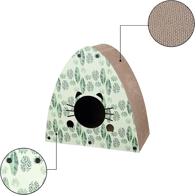 CSR1006E Koko 19" Modern Cardboard Triangle Cat Cave Scratcher with Catnip, Mint/Green, 2-in-1 Corrugated Cat House Hideaway & Scratching Board, Durable Furniture Protector