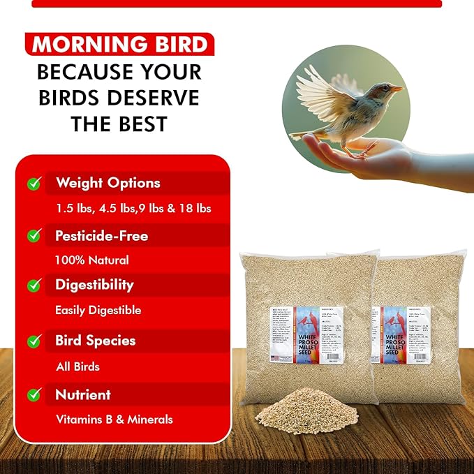 Morning Bird White Proso Millet 18 lbs (2-Pack, 9 lbs Each) Unhulled Natural Bird Seed – Supports Feather Growth & Balanced Nutrition – High Energy Seed - Ideal for Finches, Parakeets & Pet Birds