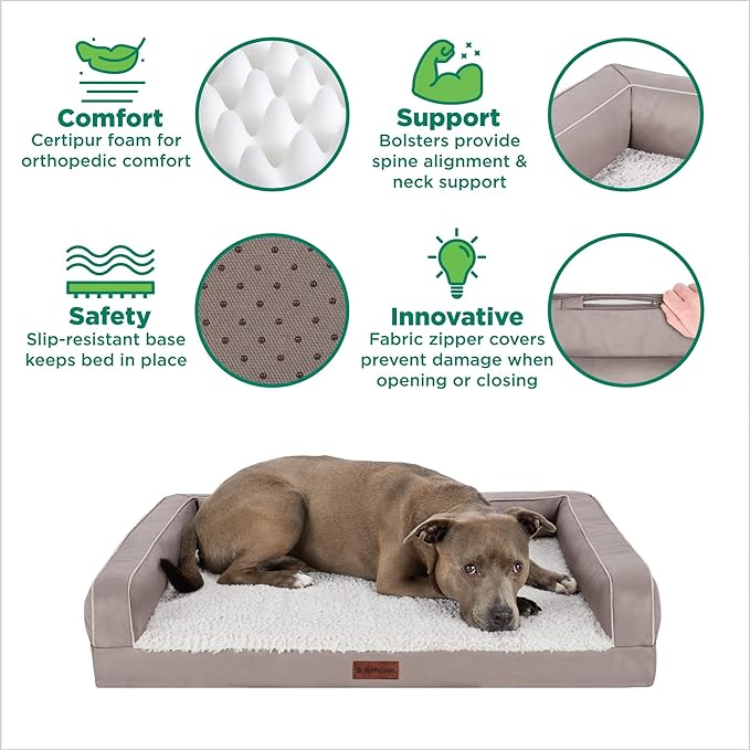 Furhaven Orthopedic Dog Sofa Bed – Memory Foam Couch with Bolsters, Textured Plush & Water-Resistant Cover, Washable Cover, Joint Support - Greige, Jumbo