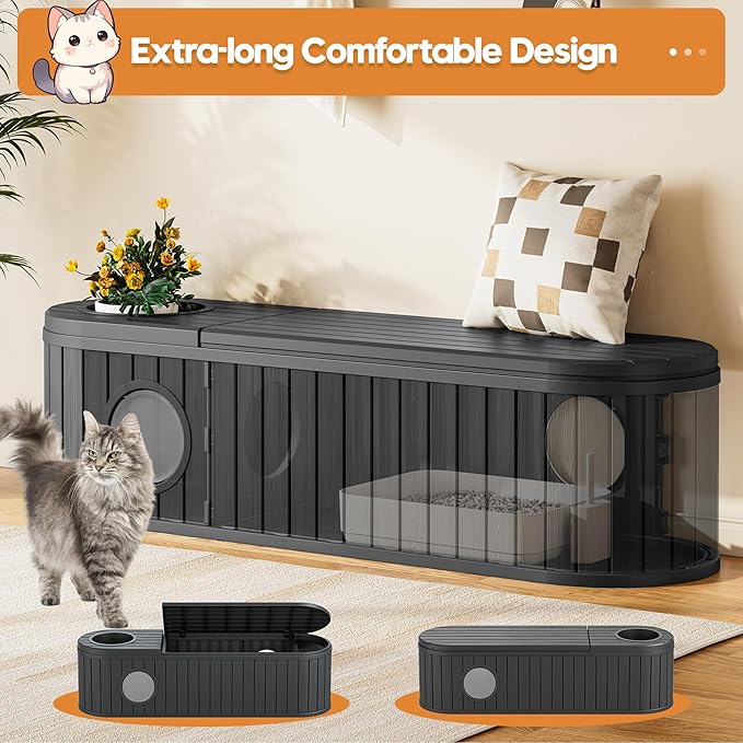 Hidden Litter Box Furniture for 2 Cats, Cat Litter Box Enclosure with Round Lift-up Door, Large Cat Cabinet, Indoor Cats House with Two Exits Black
