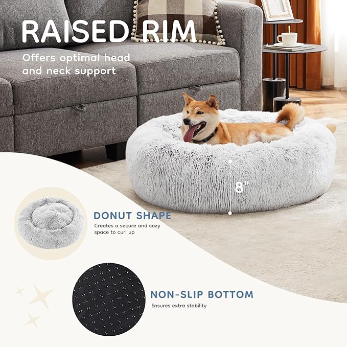 DUMOS Calming Donut Cat & Dog Bed for Small Medium Dogs, Machine Washable Cuddle Warming Cozy Fluffy Faux Fur Plush Round Dog Bed, Anti-Anxiety Waterproof Anti-Slip Pet Bed, 20/24/30/36 inches
