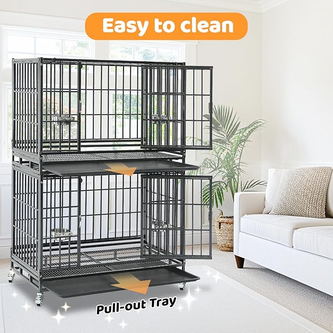Homey Pet Two Tiers 37 Inch Dog Crate Cage Kennel with Feeding Bowls, Lockable Wheels and Removable Tray, Escape Proof Metal Wire Heavy Duty Dog Crates for Medium/Small Sized Dogs (2 Pack)