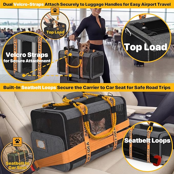 PAWZIDEA Expandable Pet Carrier with Wheels, 18"x11"x11" TSA Airline Approved Cat Carrier for 2 Cats Under Seat, Collapsible Soft-Sided Small Dog Rolling Travel Bag with Telescopic Handle, Up to 18lbs