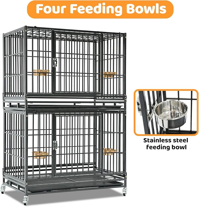 Homey Pet Two Tiers 37 Inch Dog Crate Cage Kennel with Feeding Bowls, Lockable Wheels and Removable Tray, Escape Proof Metal Wire Heavy Duty Dog Crates for Medium/Small Sized Dogs (6 Pack)