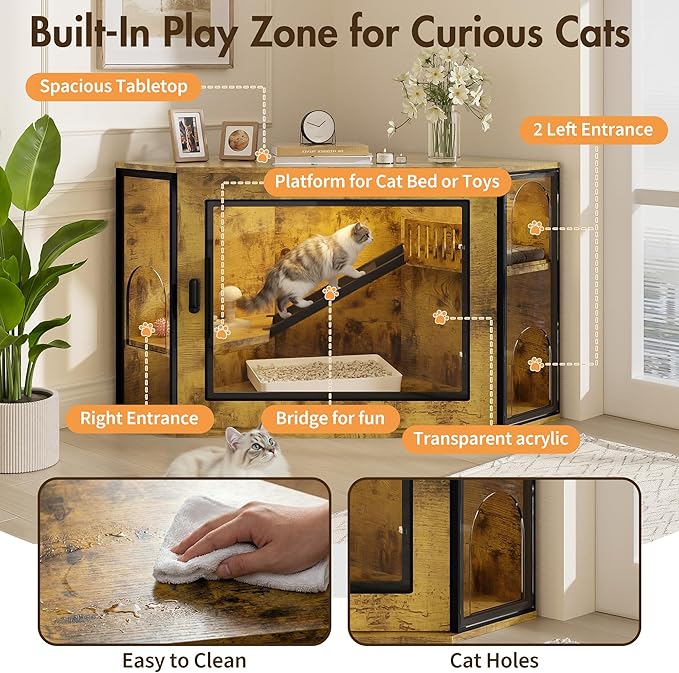 48" Corner Cat Litter Box Enclosure, Modern Hidden Cat Cabinet with Acrylic Door, LED Light & Playground, Multi-Level Cats House with Stairs, Corner Furniture for Small Apartments, Brown