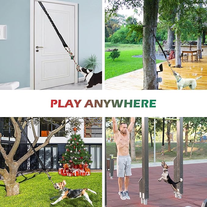 Door Anchor Dog Hanging Bungee Tug Toy for Small Dog Pull Rope and Tug of War, Indoor and Outdoor Pull Interactive Toy, Durable Retractable Tugger Dog Rope Toy with 2 Chew Toys