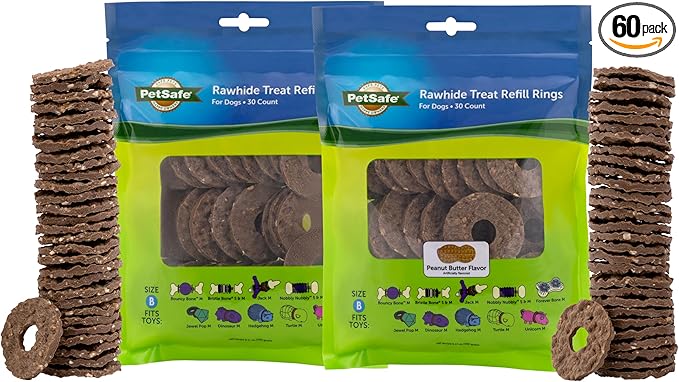 PetSafe Busy Buddy Toys Dog Treat Refills (60 Refills) Dog Treats Medium, Dogs Rawhide and Peanut Butter Flavors, Keeps Your Furry Friend Engaged, Resealable Bag for Freshness