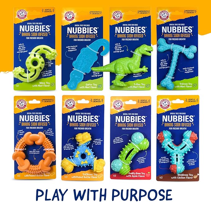 Arm & Hammer Nubbies Duality Bone Dog Dental Chew Toy, Green Apple Flavor, Baking Soda Infused, Nubby Grooves Reduce Plaque and Tartar, No Stuffing, for Moderate Chewers - 24 Pack