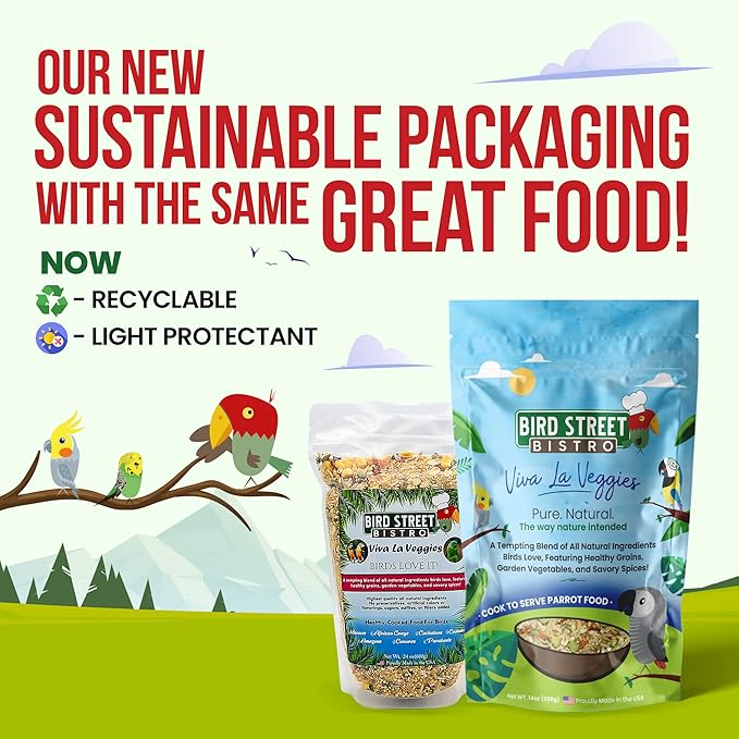 Bird Street Bistro Parrot Food - Parakeet & Cockatiel Food - Cooks in 3-15 min with Natural Wholesome Grains, Legumes, Non-GMO Fruits, Vegetables & Health Spices