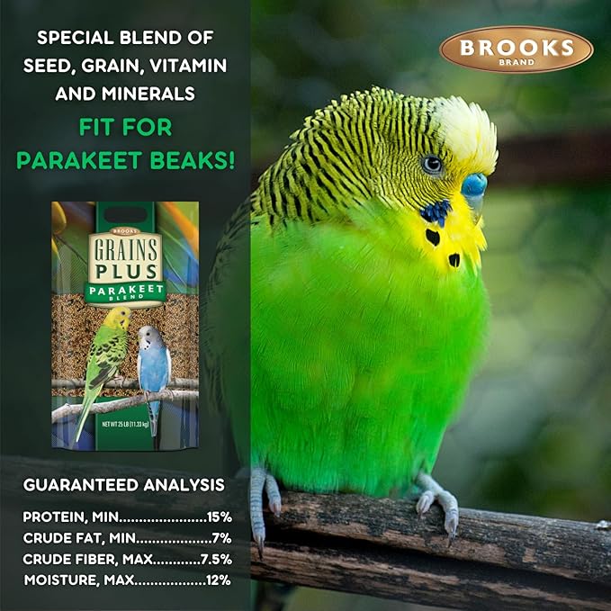 Brooks Brand Grains Plus Parakeet Blend, Bird Food Parakeet Bird Seed, Seed Mix, Millet for Budgie Seed, 25 lbs