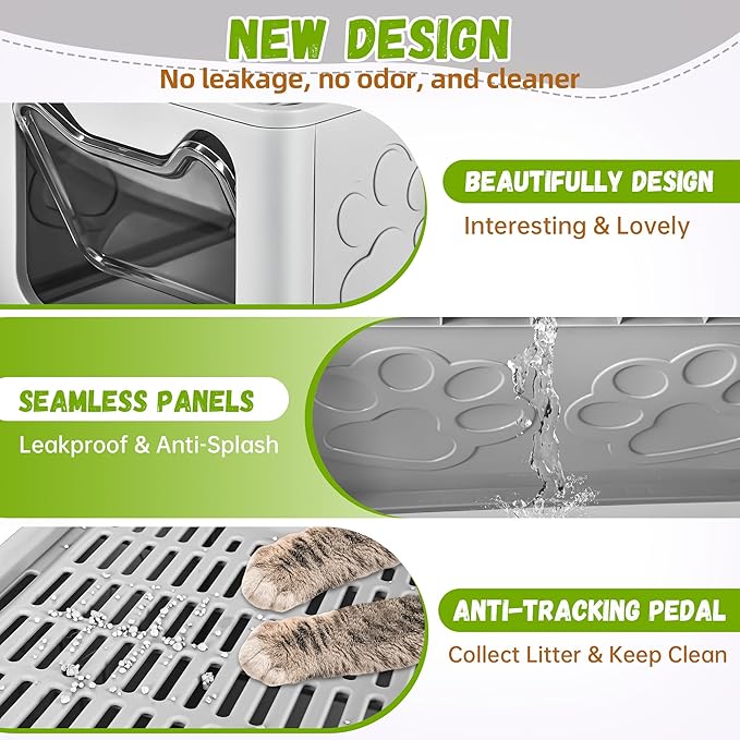 Cat Litter Box with Litter Mat, Foldable Extra Large Free in and Out/One-Way with Lid, Drawer Type Enclosed Kitty Litter Box,Odor Control Anti-Splashing Easy Cleaning (Pale Grey)