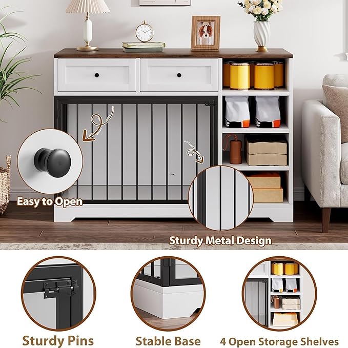 GarveeHome Dog Crate Furniture 47", Large Dog Crate TV Stand with 2 Drawers and 4 Shelves, Wooden Dog Kennel Indoor, Decorative Dog Cage with Storage for Large Dogs, White