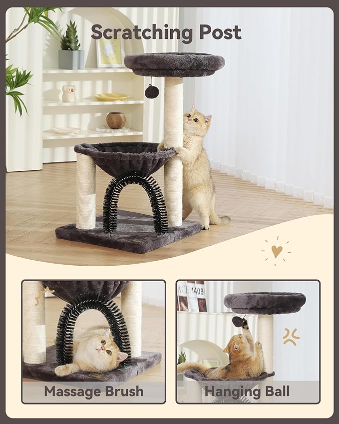 Simple Deluxe Small Cat Tree Tower for Indoor Cats, 5-in-1 27.8" Multi-Level Cat Tree with Scratching Posts, Plush Hammock, Perch, Self Groomer Brush, Dangling Ball for Kittens/Small Cats Play &Rest