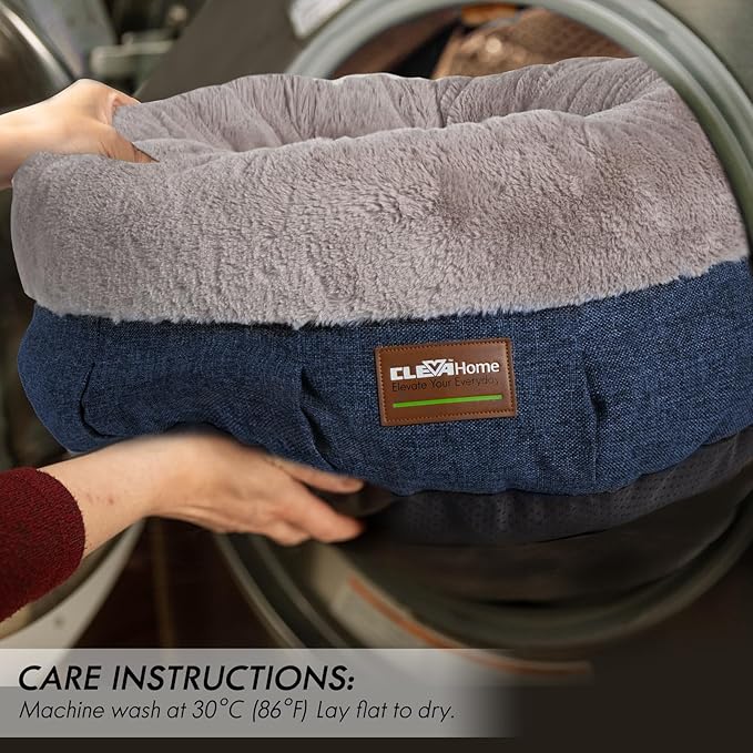 ClevaHome Calming Soft Plush Donut Cat Bed, Fluffy Round Cat Bed for Indoor Cats, Washable Kitten Bed with Plush Faux Fur, Anti-Slip Bottom, Denim Grey