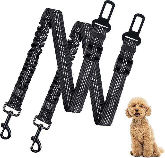 Reflective Bungee Dog Seatbelt Set of 2 with Hook, Adjustable Heavy Duty Elastic Pet Seat Belt for Vehicle, Durable Nylon Car Harness for Dogs, Pet Safety Travel