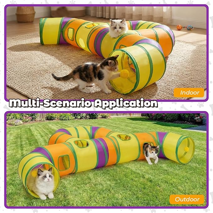Cat Tunnel for Indoor Cats Large, Collapsible Cat Playhouse Pet Play Tunnel Tube Maze with Hanging Pom-Poms and Interactive Holes for Kitten, Kitty, Puppy, Rabbits, Ferret, Guinea Pig