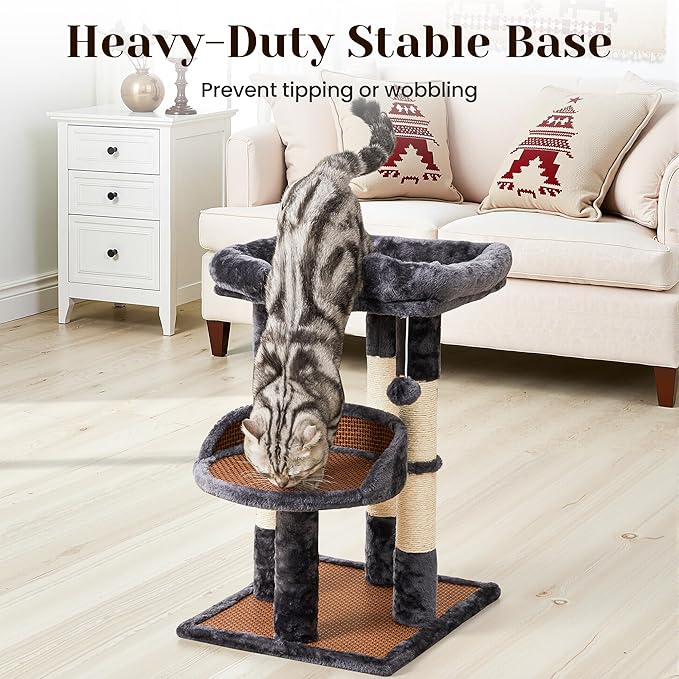 Fansafurn Multi-Level Cat Tree for Indoor Cats, Modern Cat Tower with Double Beds & Scratching Posts, 27 in Cute Cat Tree for Large Cats and Kitten, Small Cat Climbing Tower with Hanging Toys, Grey