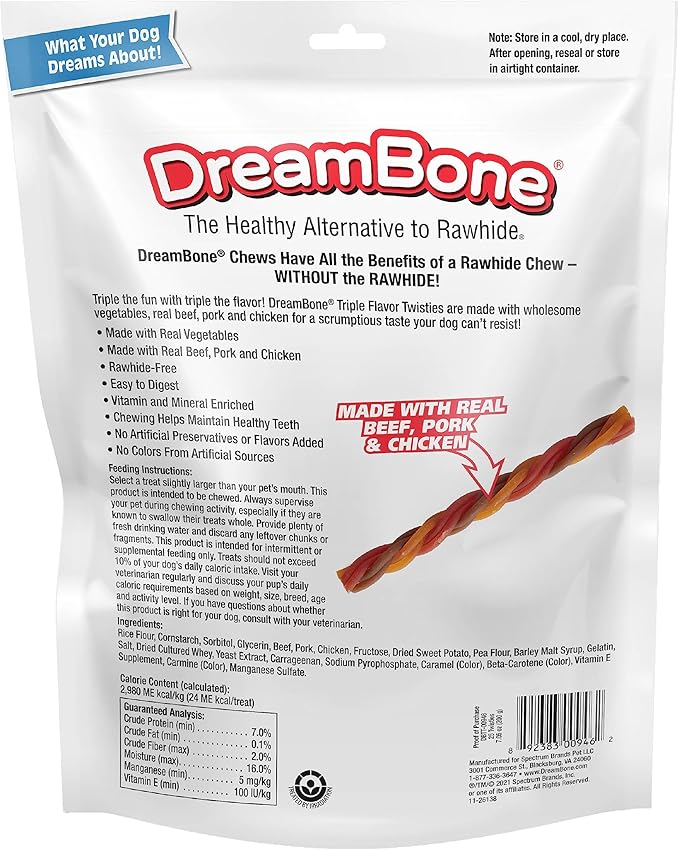 DreamBone Triple Flavor Twisties Chews for Dogs, Treat Your Dog to Easy-to-Digest Rawhide-Free Chews Made with Real Beef, Pork & Chicken, 25 Count
