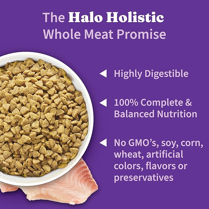 Halo Holistic Cat Food Wild Caught Whitefish Formula, Healthy Grains Dry Cat Food, For Sensitive Stomach Support, Kibble for Adult Cats, 10 lb Bag