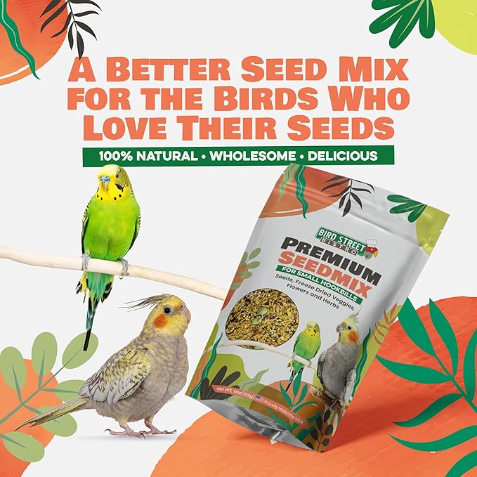 Bird Street Bistro Premium Bird Seed Mix – Natural Foraging Food for Parrots, Conures, African Greys & Cockatiels – Healthy Whole Grain Parrot Food, No Fillers or Additives – 11oz Bag