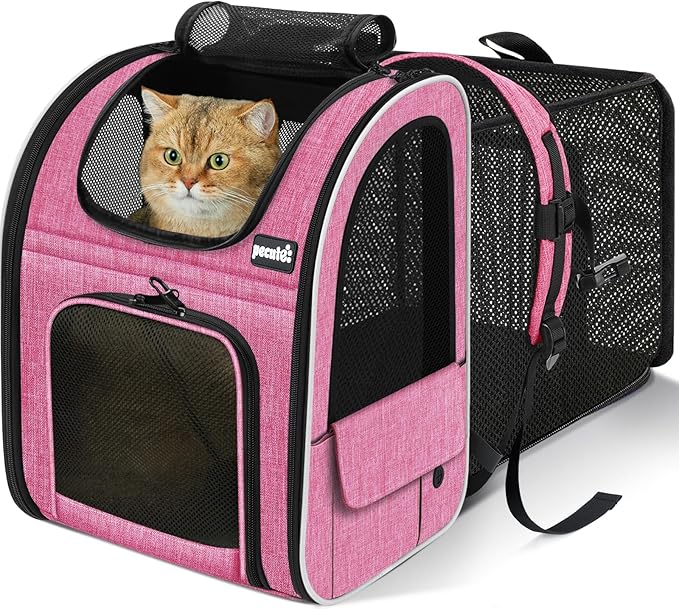 Pecute Cat Backpack Carrier Expandable, Pet Backpack for Cats & Small Dogs Up to 11lbs, with 4-Side Breathable Mesh, Multi-Entry & Lockable Zippers for Travel, Hiking, Camping - Hands Free, Pink