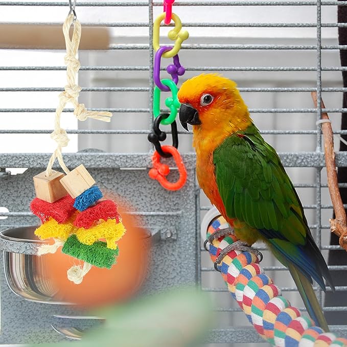 Natural Parrot Chewing with Blocks and Loofah Rope Hanging Bird Cage Accessory for Parrots and Birds Fun Bite to Reduce Boredom and Keep Pets Engaged