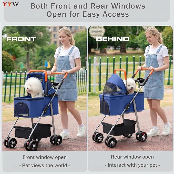 YYW Pet Stroller for Small Dogs & Cats, 3 in 1 Foldable Kittens Puppies Travel Strolling Cart with Removable Carrier, Cup Holder, Storage Basket & Lockable Wheels(Blue)