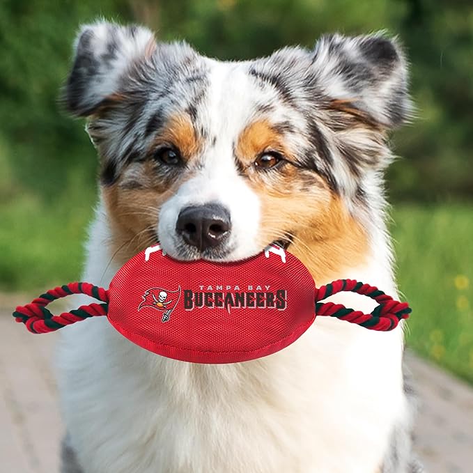 Pets First NFL Tampa Bay Buccaneers Football Dog Toy, Tough Quality Nylon Materials, Strong Pull Ropes, Inner Squeaker, NFL Team Color