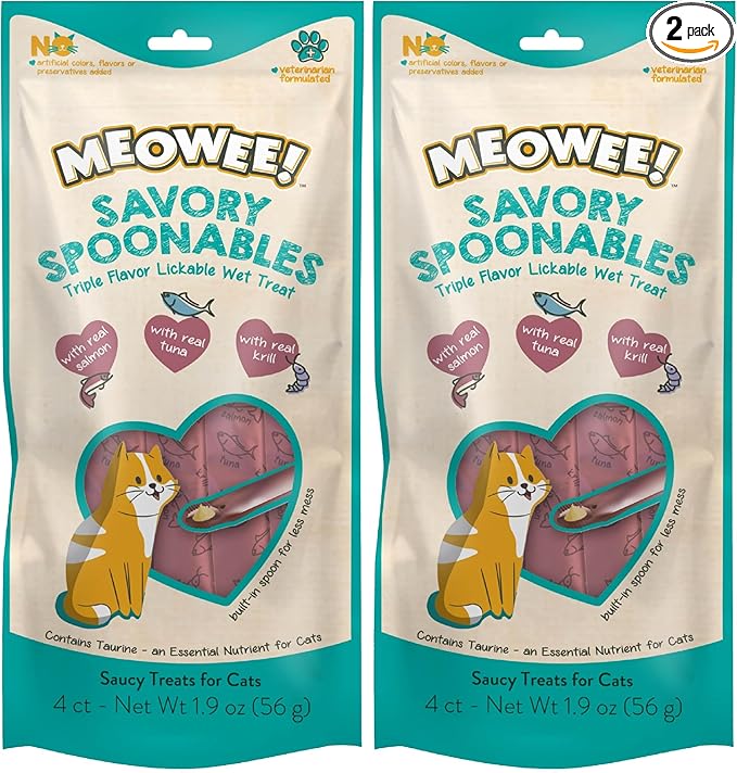 MEOWEE! Savory Spoonables with Real Salmon, Tuna and Krill for Cats, 4 Count, Treat Your Cat to Triple Flavor Squeezable Lickable Wet Treats with Built-in Spoon for Less Mess (Pack of 2)