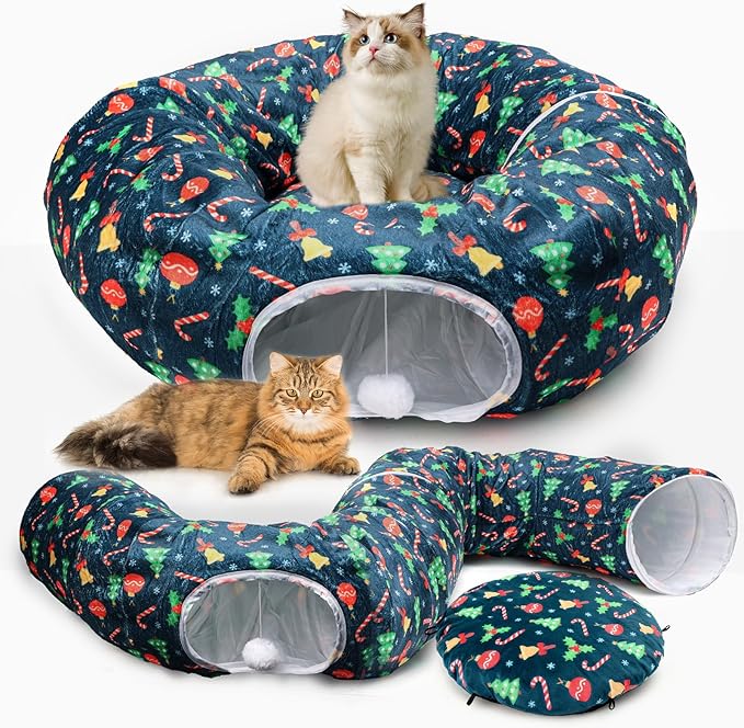 Cat Tunnel Bed for Indoor Cats - Soft Plush Cat Tunnel with Washable Cushion, Cat Donut Tunnel Toys for Kitten Puppy Rabbit