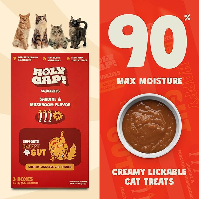 Happy Gut Grain-Free Lickable Cat Treats, 15 Squeezable Purée Tubes (0.5 oz Each), Sardine & Pumpkin Flavor, Creamy Cat Purée with Clean Ingredients, Hand-Fed Treat or Meal Topper