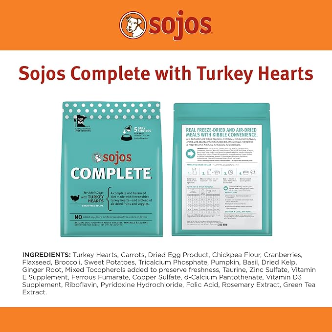 Sojos Complete Freeze Dried Raw Adult Dry Dog Food, Grain Free, Natural, Turkey Recipe, 7 lb Bag