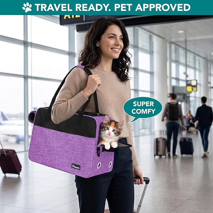 PetAmi Dog Purse Carrier for Small Dogs, Airline Approved Soft Sided Pet Carrier with Pockets, Ventilated Dog Carrying Bag for Puppy Cat, Dog Travel Supplies Bag, Sherpa Bed, Max 12 lbs, Purple