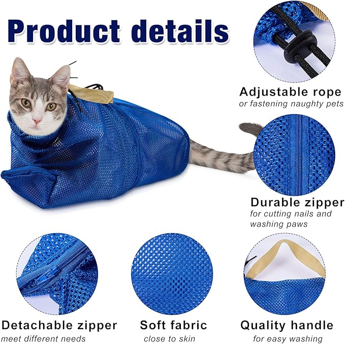 2 Pieces Cat Grooming Washer Mesh Bag Cat Muzzles Breathable Mesh Muzzles Adjustable Kitten Scratch Resistant Kitty Restraint Clothes Kitty Bath Bag for Bathing Nail Trimming Feeding(Blue)