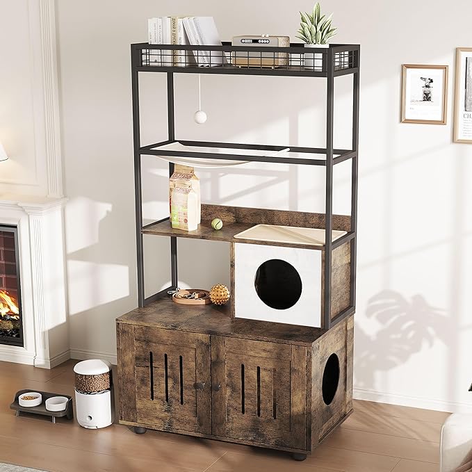 Garvee Cat Litter Box Enclosures with Storage Rack, Enclosed Litter Box Furniture, Hammock, Sisal Balls and Cat Scratching Mat